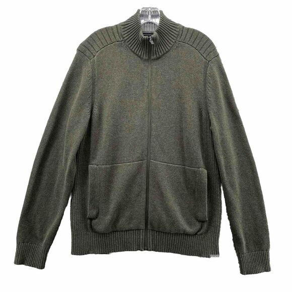 Eddie Bauer Sweater Mens Medium Military Green Cardigan Knit Full Zip Dad Casual - Picture 1 of 9